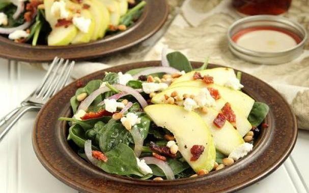 pear-goat-cheese-and-spinach-salad-with-warm-maple-bacon-dressing.jpg Pear, Goat Cheese and Spinach Salad with Warm Maple-Bacon Dressing