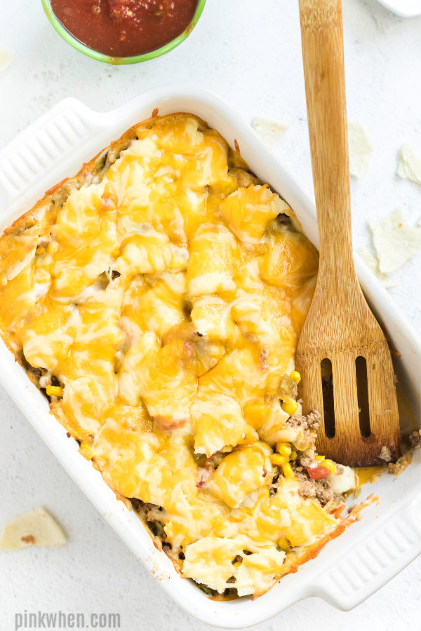 Taco Casserole missing a scoop.
