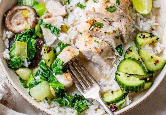 Coconut-Poached Chicken with Bok Choy and Mushrooms