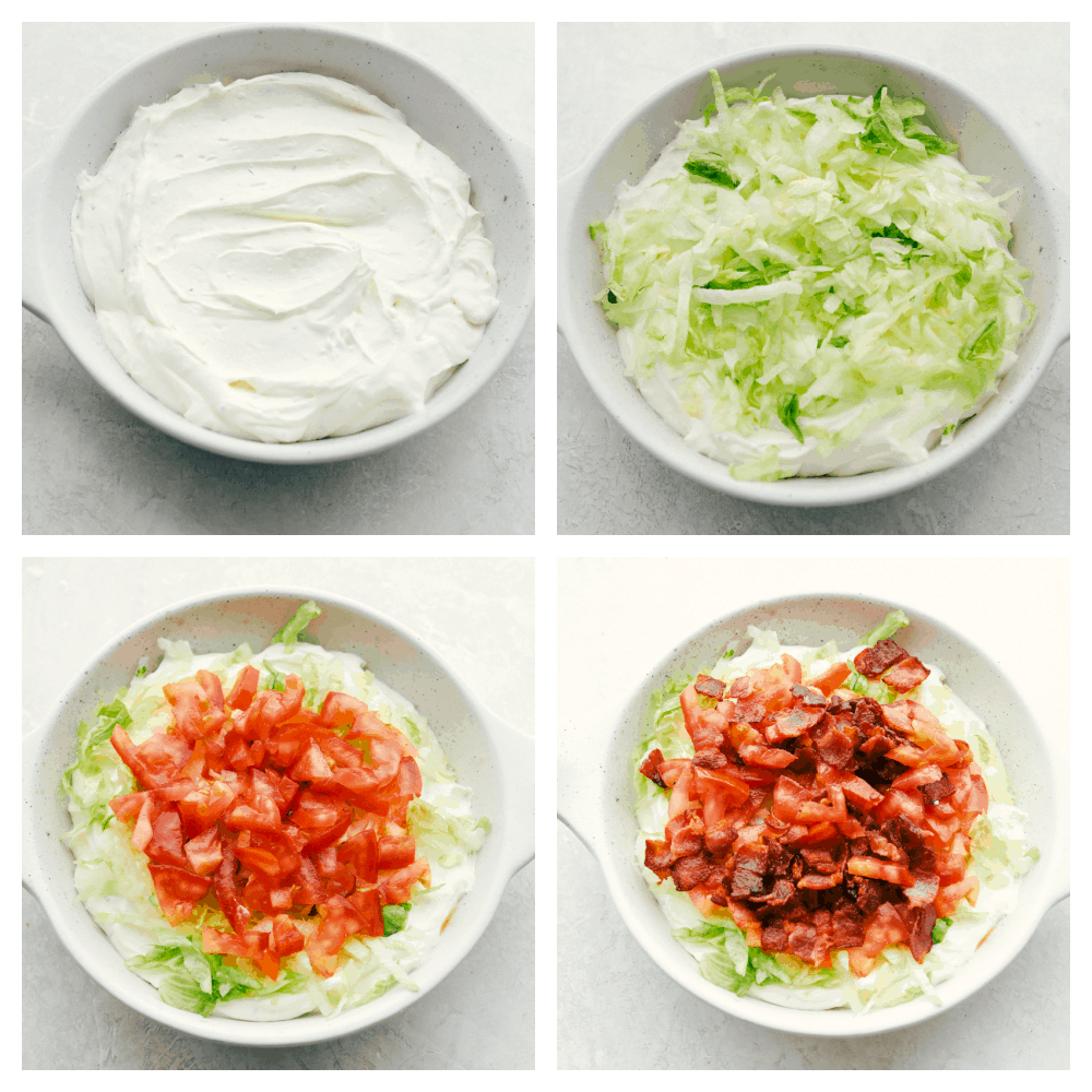 Creamy BLT Dip is an appetizer that is delightfully light and oh so good! A creamy seasoned base is topped with all the flavors of the classic BLT, you are going to love it! The base of the dip, then adding lettuce, tomato and bacon.