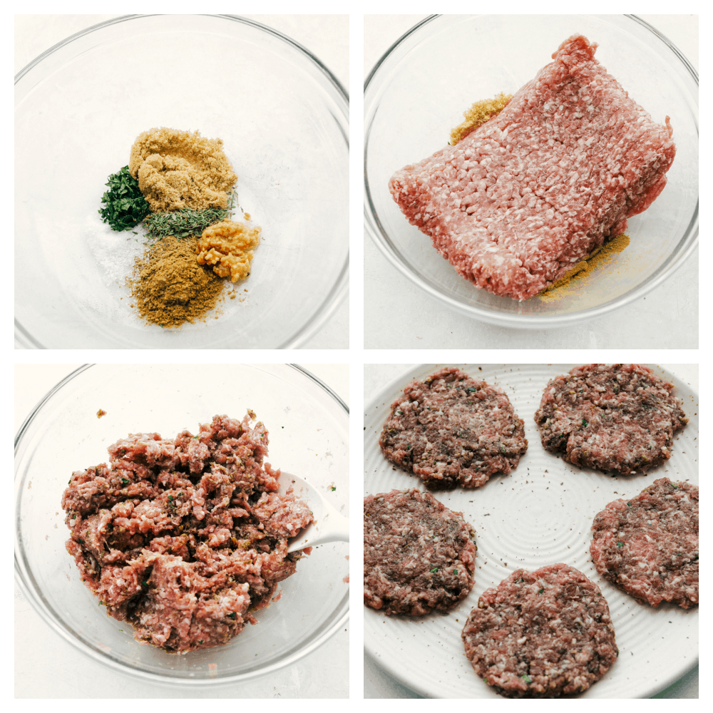 Homemade Breakfast Sausage is easier to make than you think and tastes way better than you can imagine! This is going to change the way you do breakfast. Spices in a bowl, being mixed with ground pork and formed into patties.