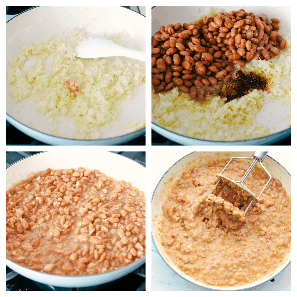 Homemade Refried Beans are simple and packed with so much flavor, you will never reach for a can again. These creamy refried beans are perfect for your next Tex-Mex night! Sauteing onions, beans and spices and mashing them to eat.