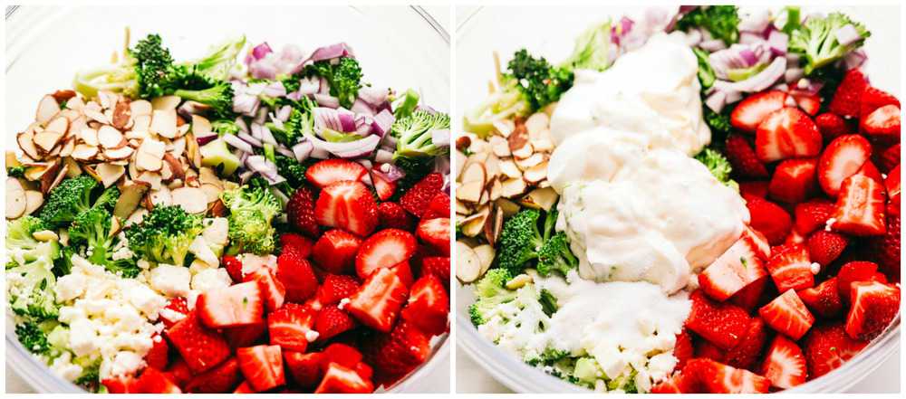 Almonds, Strawberries, broccoli, feta cheese and the other picture has the creamy dressing on top A bowl of all the ingredients that is needed for the strawberry broccoli salad