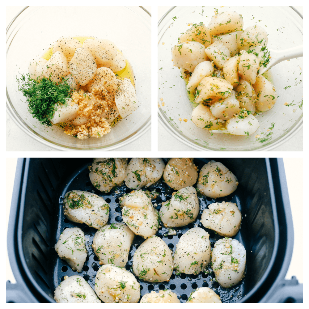 Air Fryer Lemon Dill Scallops are going to change the way you eat scallops! These are chock full of flavor, tender, juicy and succulent! Mixing the seasonings together with the scallops and placing them in an air fryer.