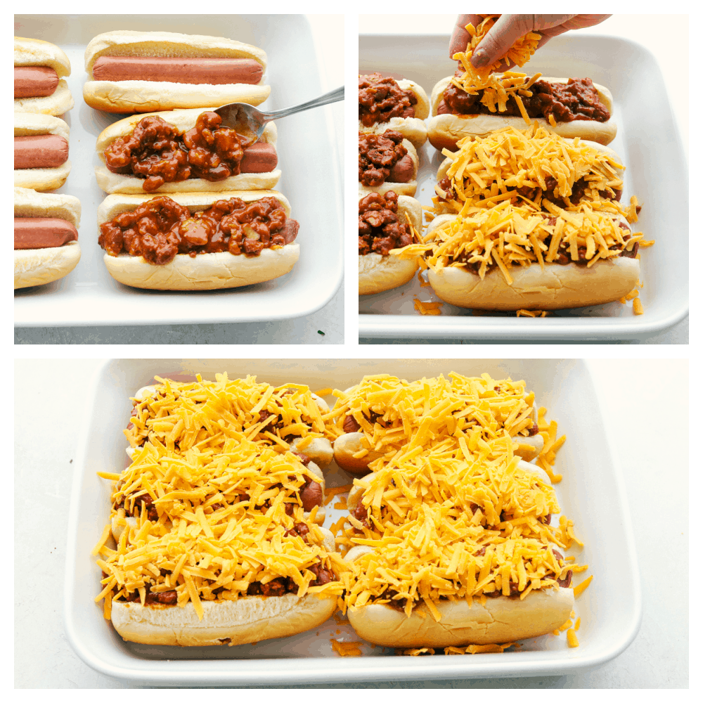 Baked Chili Cheese Dogs are like no other hot dog you have ever had! These are fast, easy and insanely delicious. Assembling the hot dogs, by putting chili and cheese on them.