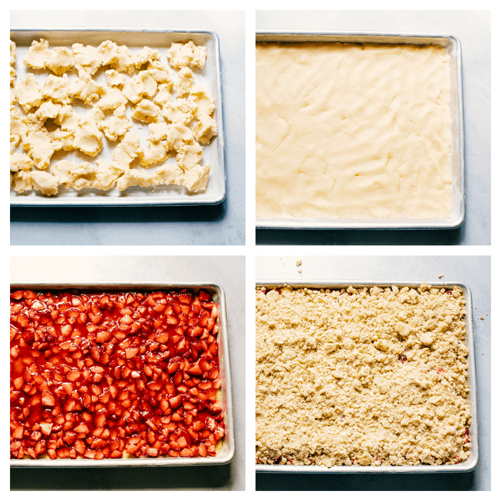 Strawberry Streusel Bars are buttery, sweet and the perfect summertime treat! With a tasty shortbread and mouth watering crumble top, everyone is going to love these! Four photos of the process of making strawberry streusel bars.
