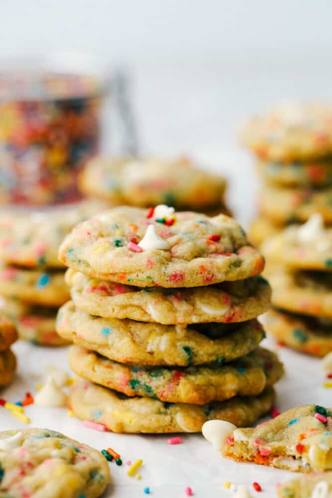 . I took my favorite pudding cookie recipe, added some cute sprinkles, white chocolate chips and cheesecake pudding. I think these were the best cookies that I have made to date. And sprinkles make everything better. :) Stacks of funfetti cookies.