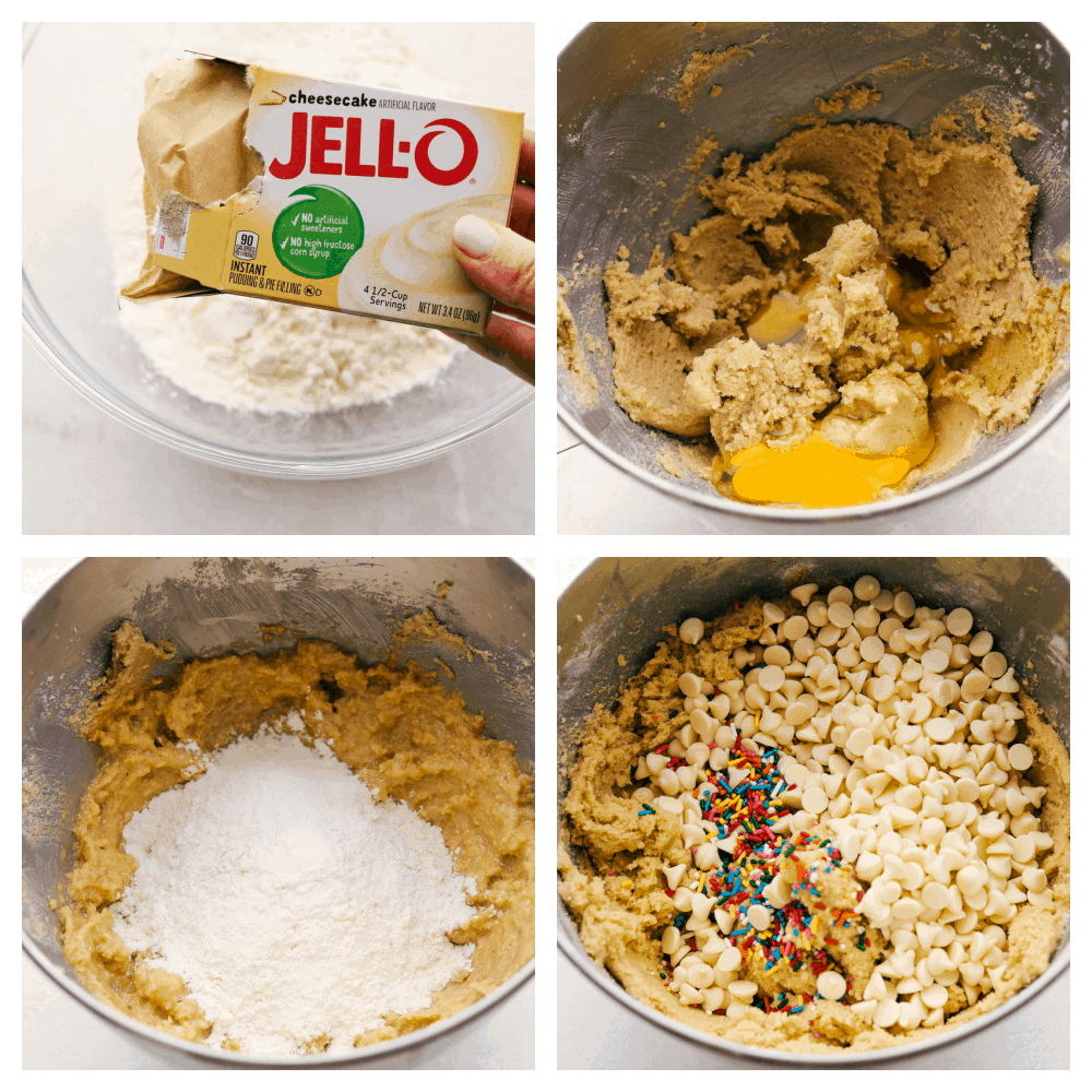 Funfetti Cheesecake Pudding cookies are some of the best tasting and best looking cookies you'll ever have! Made with pudding mix, these are soft, chewy and oh so delicious! Mixing the dry ingredients, wet ingredients and chips for cookie making.