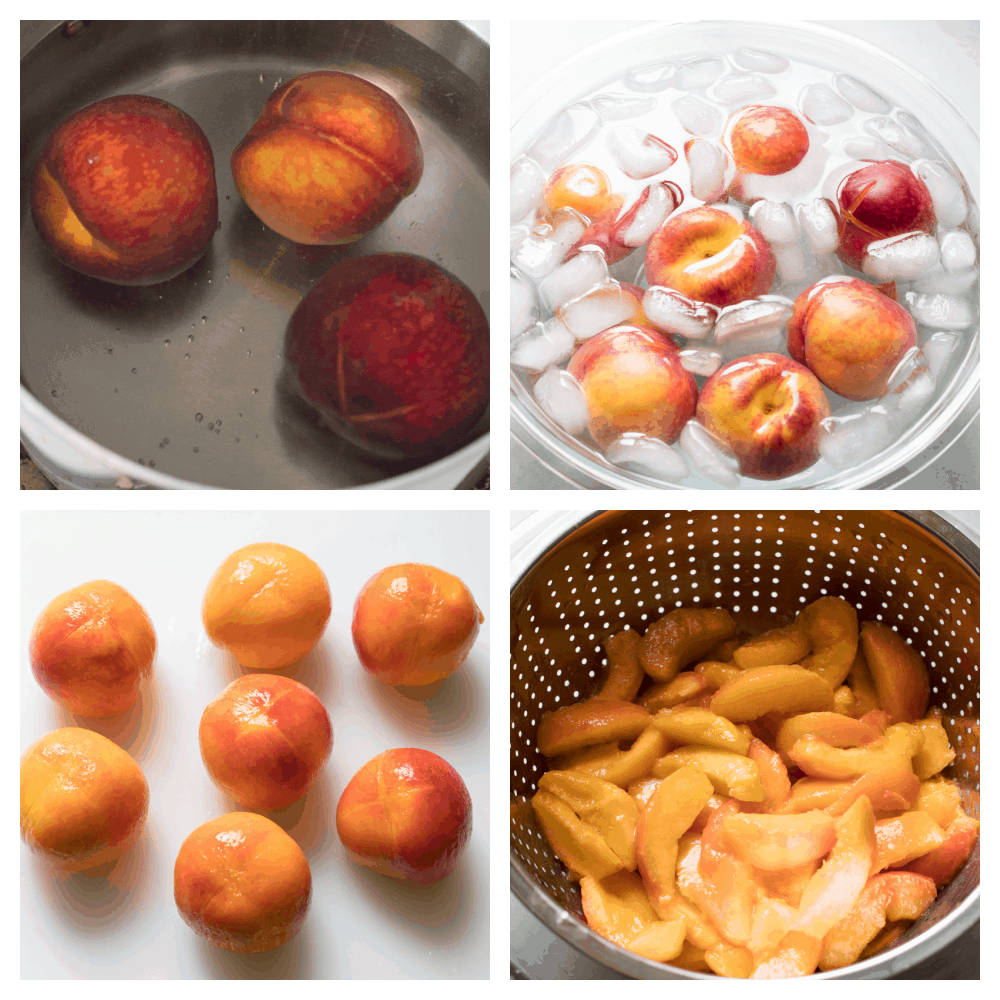 This Homemade Peach Pie is a bit of summer paradise on your plate! Flakey buttery crust is filled with a luscious sweet peach filling that is perfect with a scoop of vanilla ice cream. Peaches in a cold bath and peeled.