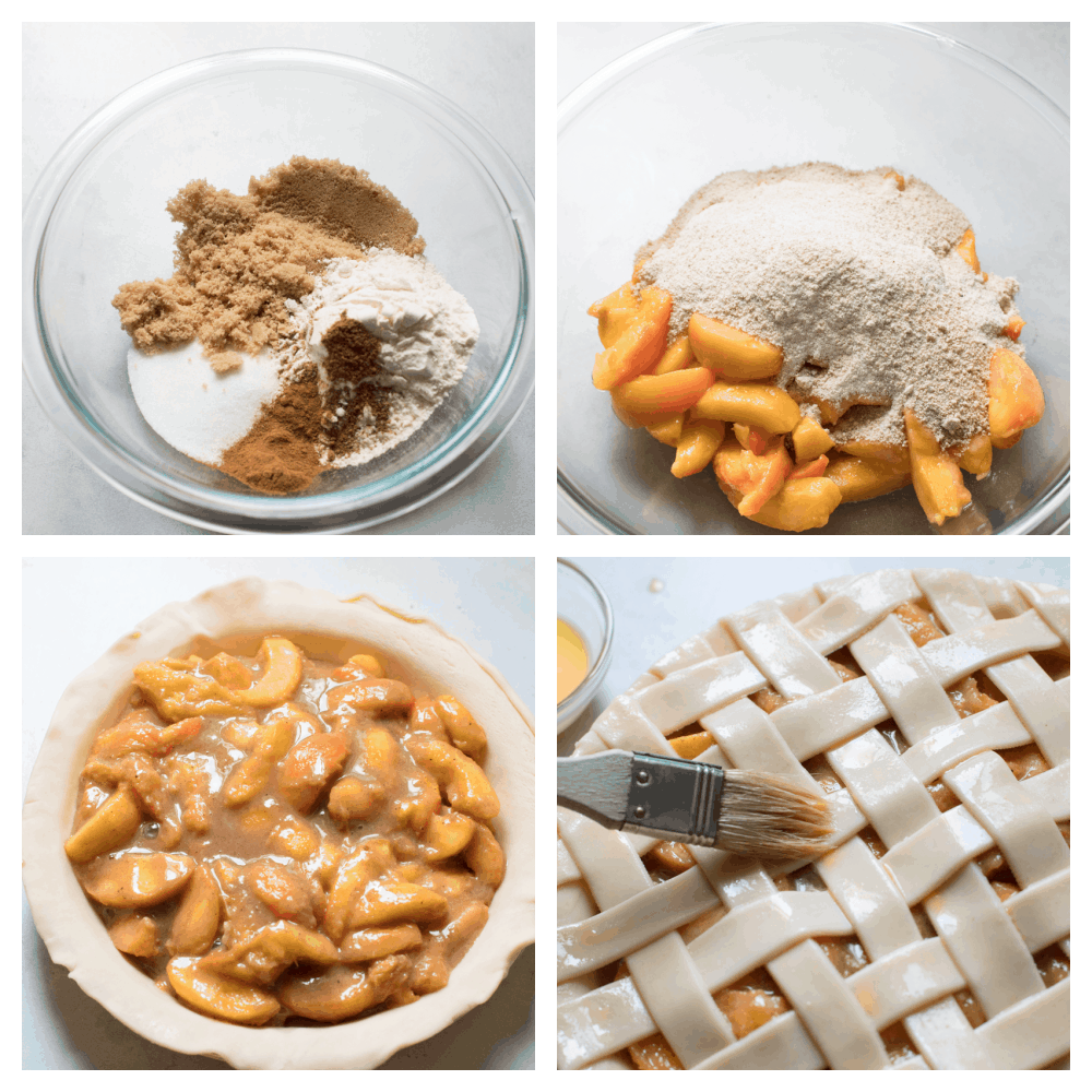 This Homemade Peach Pie is a bit of summer paradise on your plate! Flakey buttery crust is filled with a luscious sweet peach filling that is perfect with a scoop of vanilla ice cream. Process shots of making peach pie in a glass bowl.