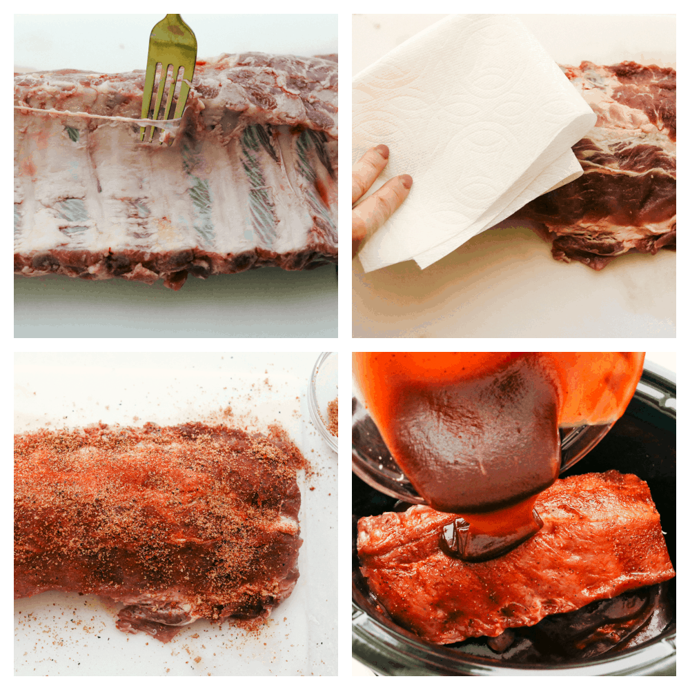 Slow Cooker ribs are going to melt in your mouth and fall off the bone! They are cooked low and slow so they are perfectly tender and then covered in a sauce that's absolutely to die for! Prepping the ribs by removing the skin, adding the ruba nd then the sauce.