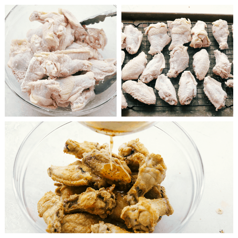 Lemon Pepper Chicken Wings are buttery, zesty, and will WOW at your next family get-together! They are super easy to make and pack delicious flavor in every juicy bite! Chicken wings in a glass bowl being tossed in sauce.
