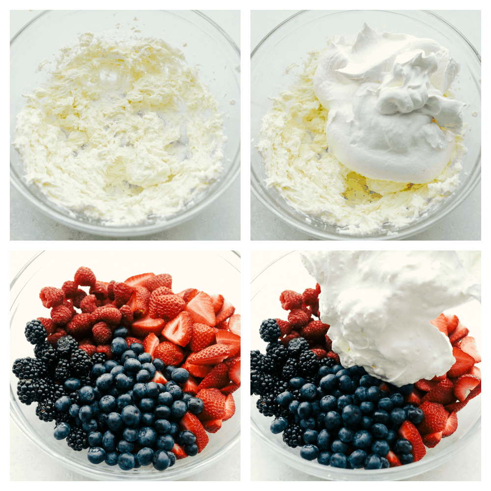 Berry Cheesecake Salad has only the freshest berries combined with a creamy cheesecake fluff. This is so amazing and will be the hit of any gathering! Cream cheese and whipped topping being mixed then adding it to the berries.