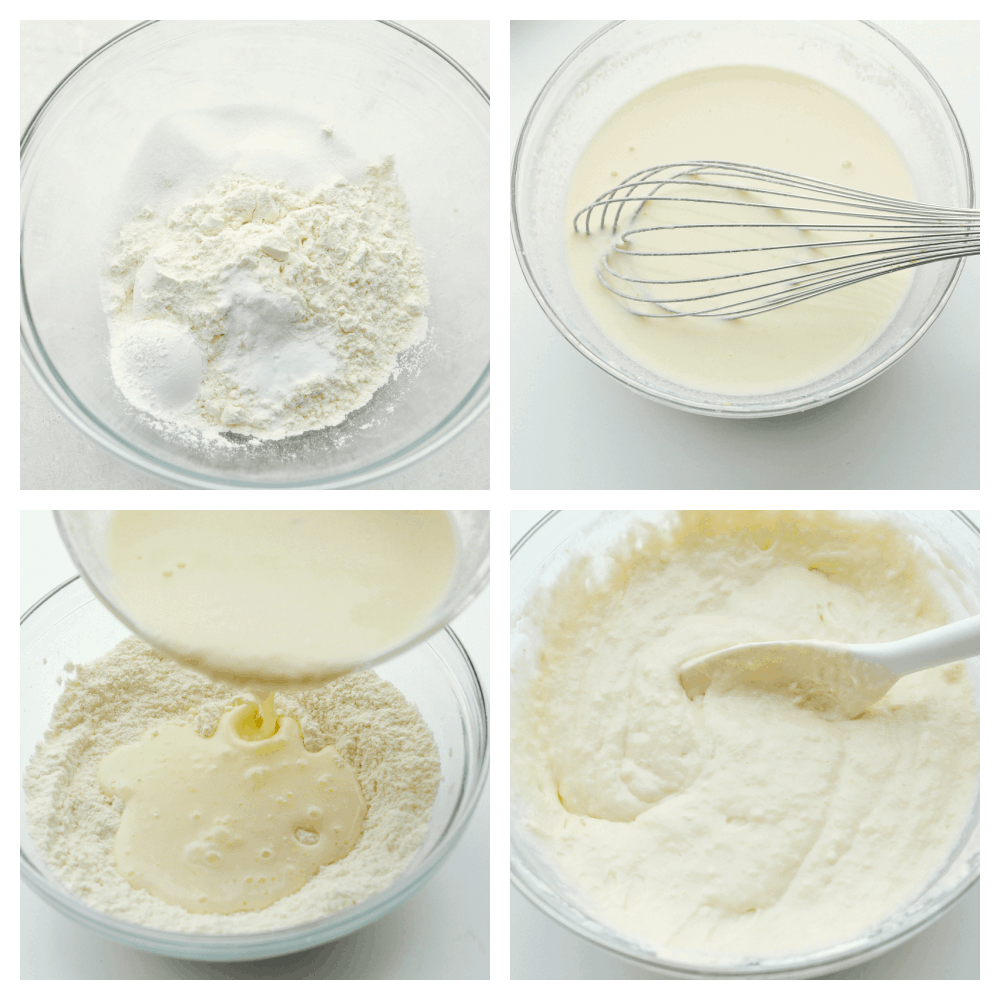 Lemon Ricotta Pancakes are fluffy, tender pancakes that are elevated to a whole new level. The ricotta adds protein and a lightness that is absolutely divine while the lemon gives it a bit of a tangy taste that you are going to love! Mixing the dry ingredients, then the wet and combining them together.