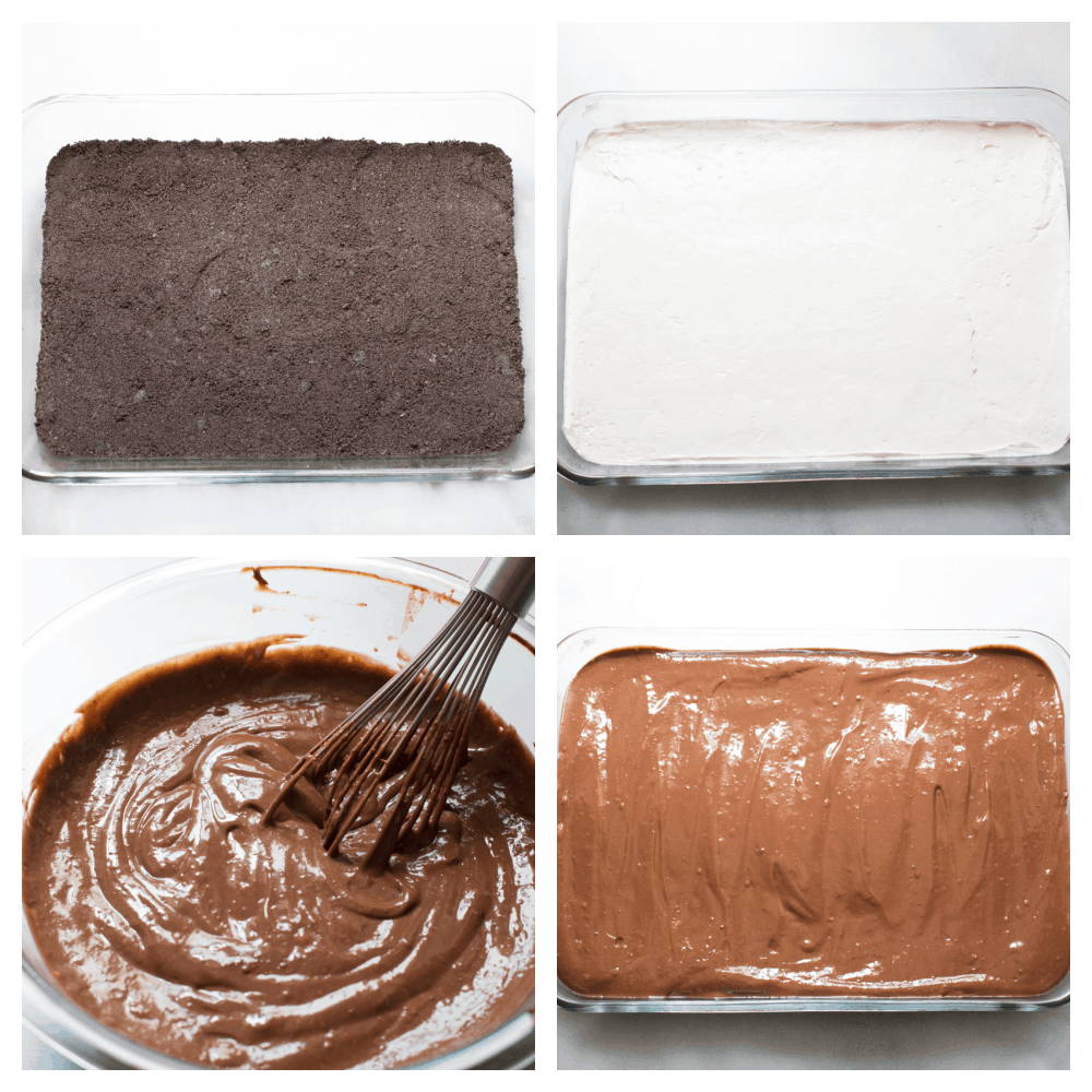 Oreo Lasagna is a no-bake slice of chocolate heaven! Layered with a cream cheese and pudding layer, sandwiched between whipped topping and luscious Oreo crust, it's too die for! Oreo layer, cream cheese layer, chocolate pudding layer and putting it all together.