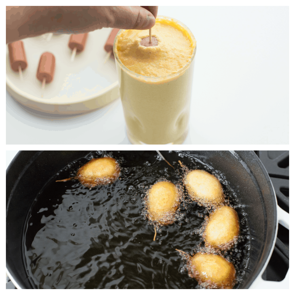 A crispy cornbread outer layer and snack-able size make these Mini Corn Dogs the perfect family treat! Recreate delicious county fair flavors in just a few simple steps! Dipping mini corn dogs in the batter and frying them in oil.