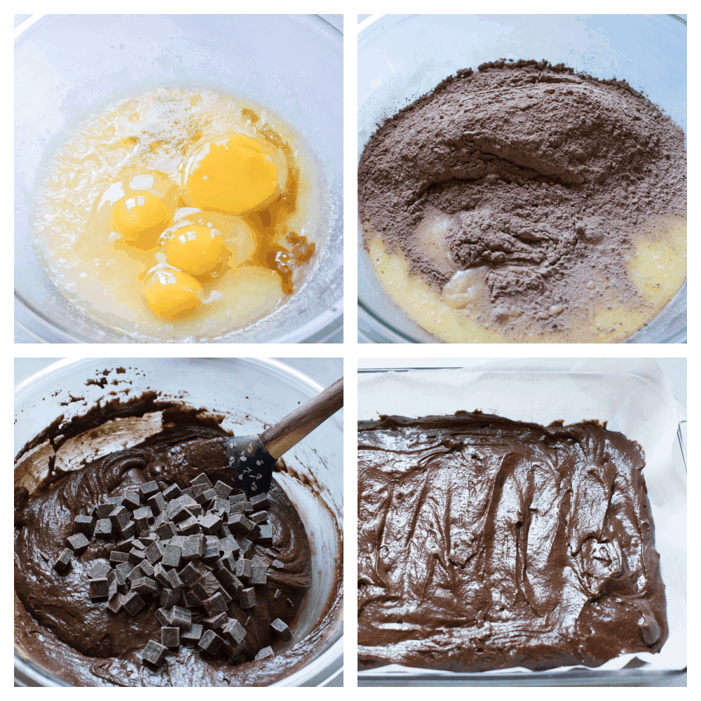These are truly the Most Perfect Brownies Ever! These are rich, decadent and full of soul satisfying chocolate! Mixing the wet ingredients, then the dry, then altogether and putting the batter in the pan.