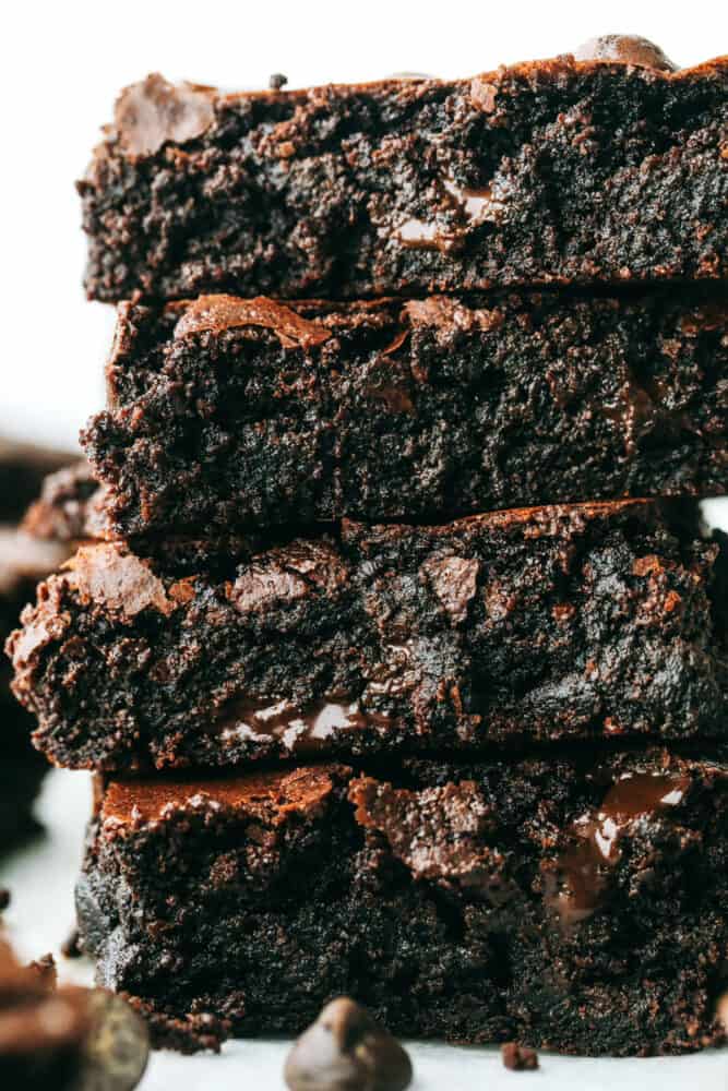 These are truly the Most Perfect Brownies Ever! These are rich, decadent and full of soul satisfying chocolate! Close up of fudgy chocolate brownies cut into squares and stacked.