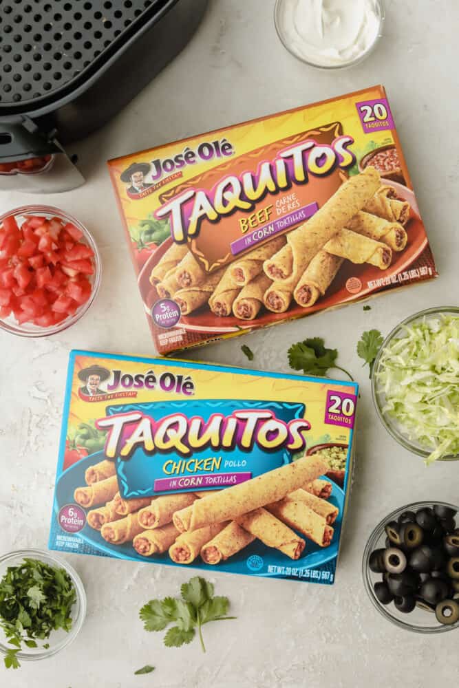 These air fryer frozen taquitos are quick and easy to make for a snack, dinner or side dish! Inside each taquito is packed with protein and flavor! Two boxes of Jose Ole frozen taquitos.