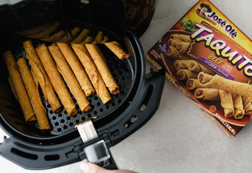 These air fryer frozen taquitos are quick and easy to make for a snack, dinner or side dish! Inside each taquito is packed with protein and flavor! Air frying frozen taquitos from Jose Ole.