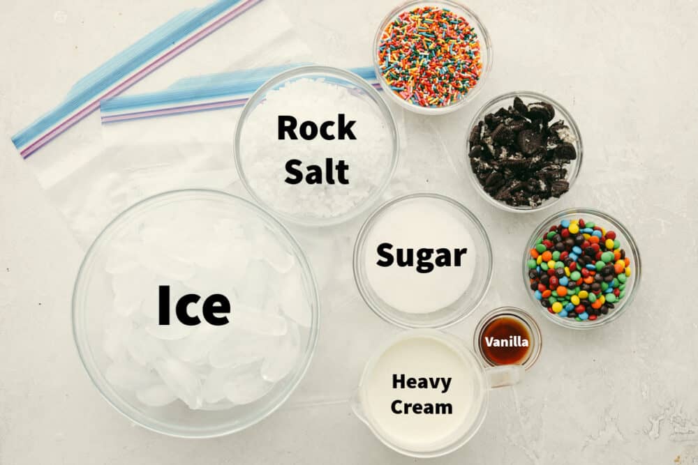 Ice cream in a bag is the perfect summer time kid-friendly treat! Super simple and absolutely delicious, this science project is one your kids are going to want to keep on repeat. Ingredients and bags needed for making homemade ice cream in a bag.
