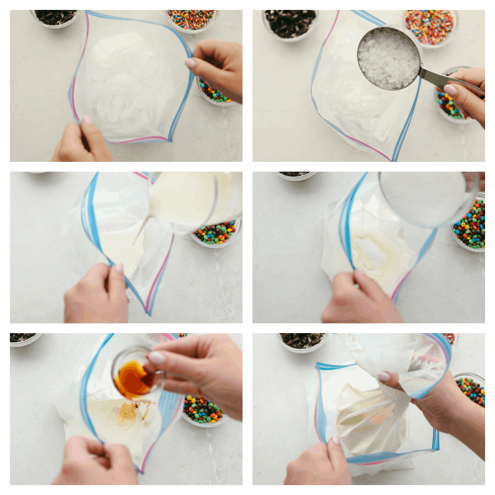 Ice cream in a bag is the perfect summer time kid-friendly treat! Super simple and absolutely delicious, this science project is one your kids are going to want to keep on repeat. The steps to make the ice cream in a bag including ice, salt, milk and sugar.