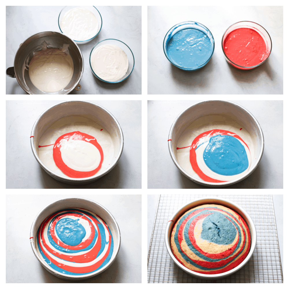 This Red, White and Blue Cake is going to steal the show for your 4th of July celebrations! Tender moist cake is swirled in the sweetest tie-dye pattern! Making the batter, separating and coloring the mixes and then placing it in the cake tin to bake.