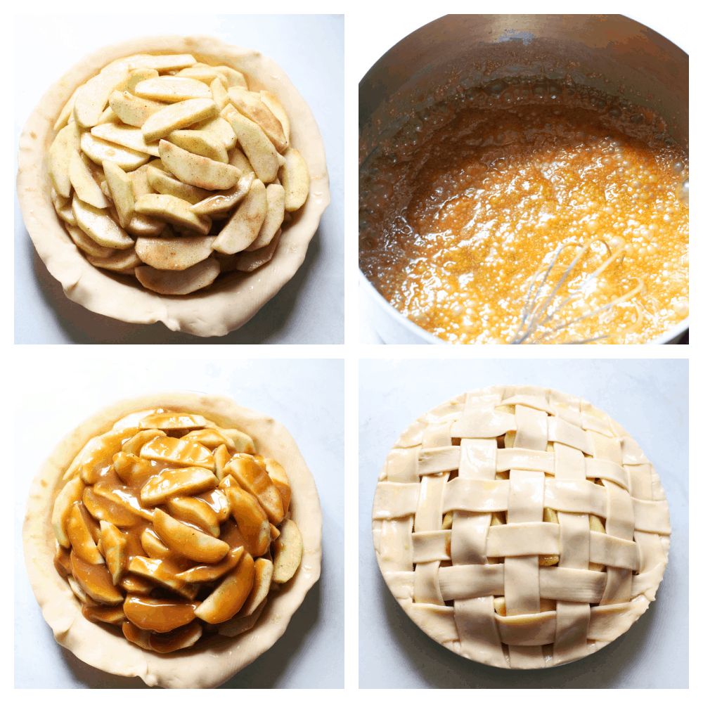 Caramel Apple Pie is the traditional American dessert, but totally elevated. Sour tart apples are smothered in caramel, it's insanely delicious. Apples piled in the pie crust, the caramel on the stove then drizzled over the apples and the finished latticed pie.