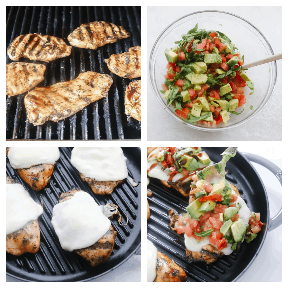 Grilled California Avocado Chicken is tender chicken marinated in an amazing honey garlic balsamic sauce and is grilled to perfection! Grilling the chicken, topping it with cheese, making the avocado topping and placing at the chicken.
