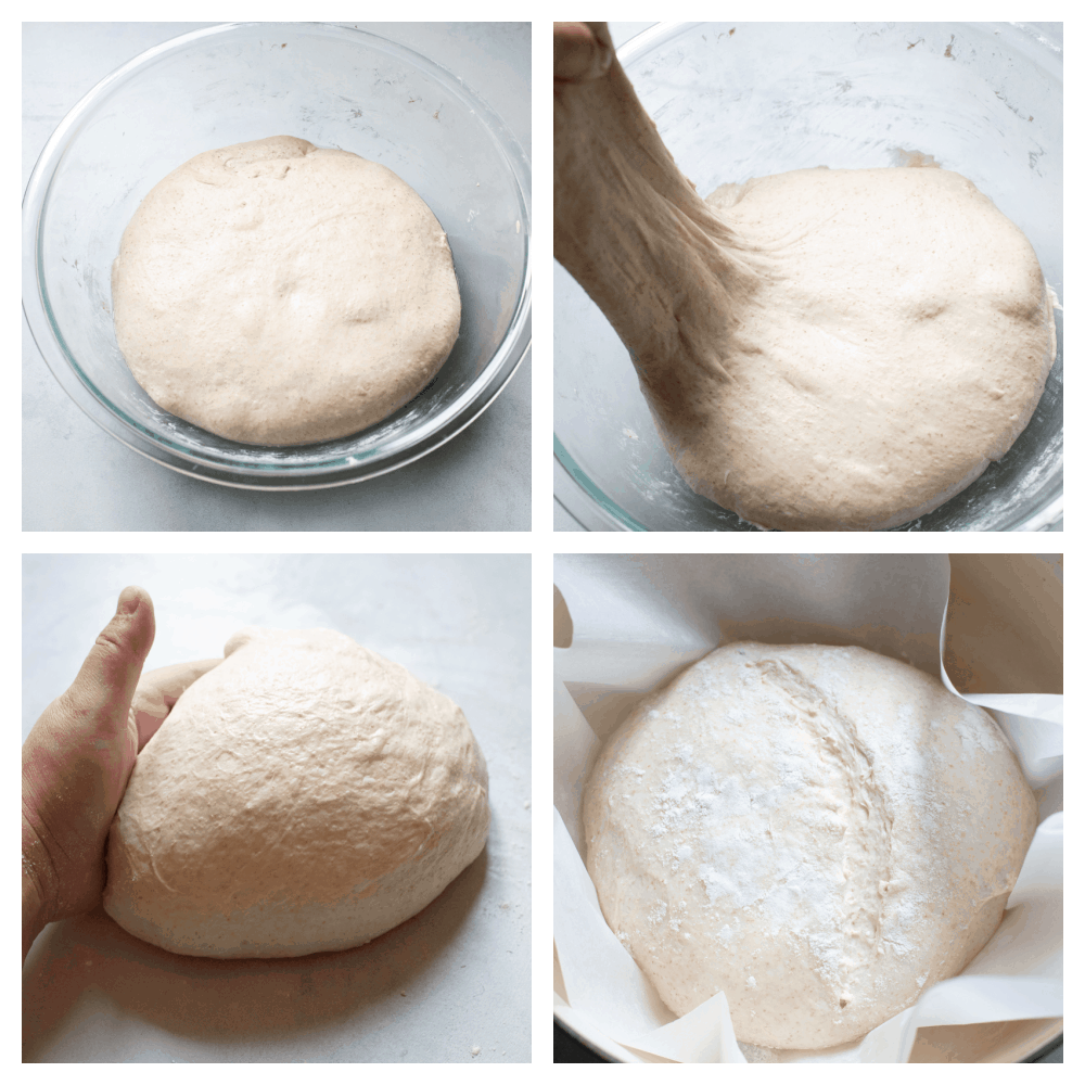 Sourdough Bread is one of the most flavorful, good-for-you loaves of bread out there. Easier than you think with a taste and texture that is absolutely heavenly! Letting the dough rest, stretching, forming and prepping the loaf for baking.