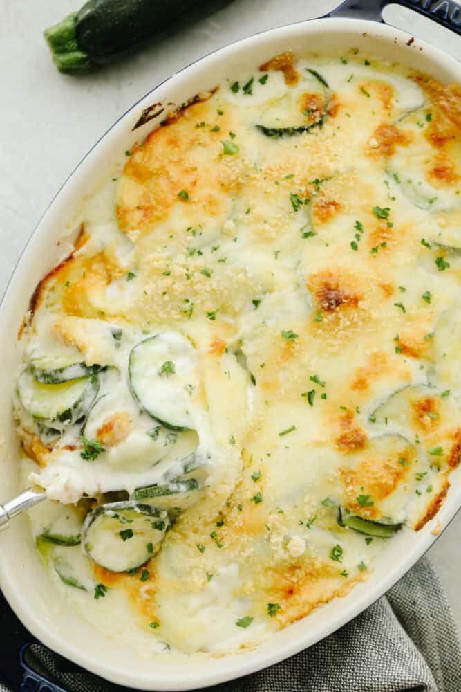 Three Cheese Zucchini Gratin has layers of creamy, cheesy sauce and is topped with a crunchy buttery topping. Ooey-gooey and cheesy, this low-carb take on comfort food will please any crowd! Parmesan Zucchini Gratin in a white dish.
