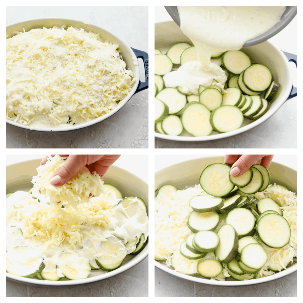 Three Cheese Zucchini Gratin has layers of creamy, cheesy sauce and is topped with a crunchy buttery topping. Ooey-gooey and cheesy, this low-carb take on comfort food will please any crowd! The process of making zucchini casserole.