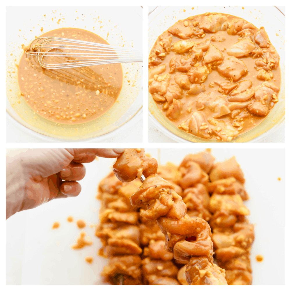 Chicken Satay is juicy, tangy, and absolutely divine. Marinated and then grilled to perfection serve these with a savory peanut sauce that is positively addicting. Mixing the marinade, letting the chicken marinate and skewering them.