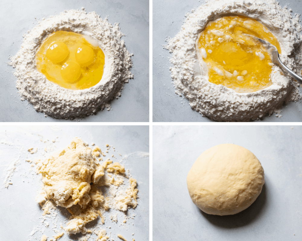 Homemade pasta is a labor of love but it is totally worth the extra work. This pasta is simple and easy, it just takes a bit of time The flour in a nest, adding the eggs, and kneading the dough.