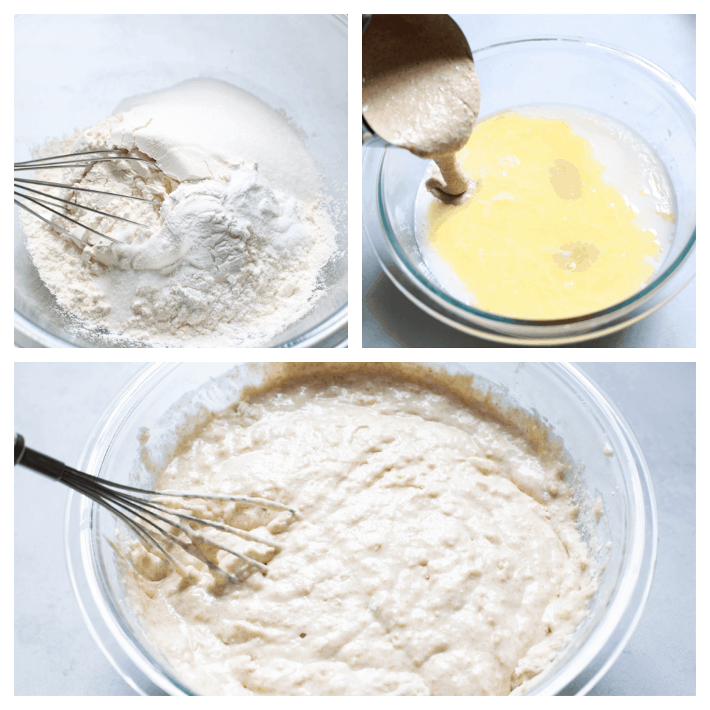 These tried and true Sourdough Pancakes are fluffy and delicious! They pair well with just about any toppings that you have on hand and they have just a touch of sweetness making adding maple syrup the final touch of heaven! The process of making sourdough pancakes in three photos.