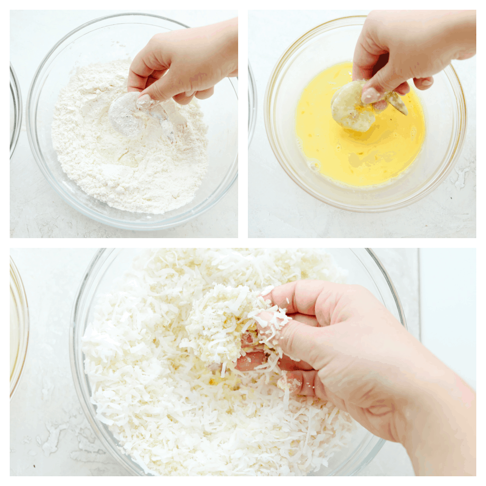 These super easy baked coconut shrimp will deliver in a flavor so delicious they will be sure to be a favorite among all of your guests! They are golden and crispy and baked to perfection. 3 images showing the preparation process. dipping the shrimp in flour, then butter, then coating with breadcrumbs and coconut.