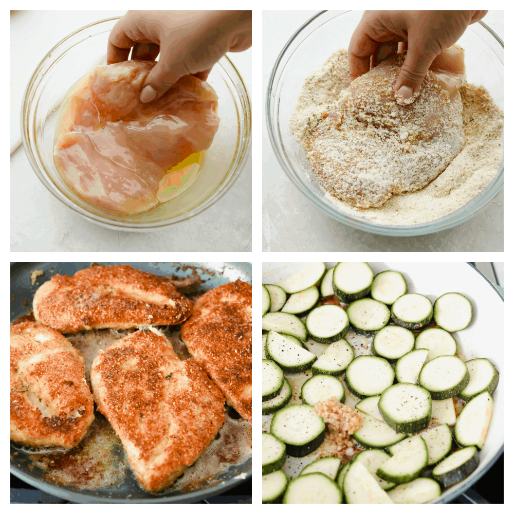 Crispy parmesan garlic chicken with zucchini is a fantastic one-pan meal that the family will love. Crispy chicken is breaded with an amazing parmesan garlic crust paired with tender zucchini sautéed to perfection! The process of making chicken and zucchini in a skillet.