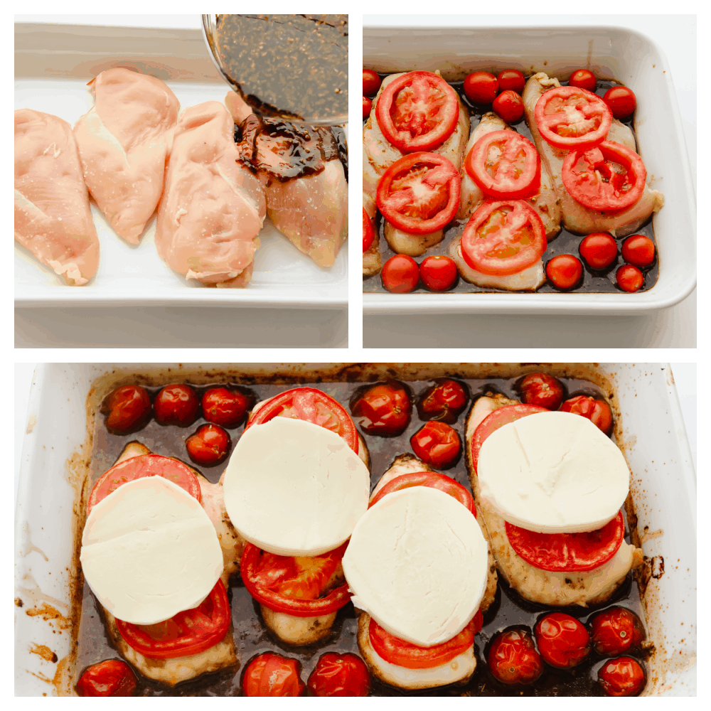 Baked Caprese chicken is nothing less than delicious and delightful! It's fancy enough for company but simple enough for a quick and easy weeknight dinner that your family will go crazy for! 3 images of the process of baking chicken.