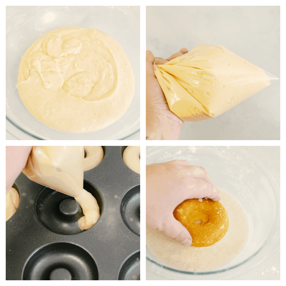 Cake donuts are rich and golden and take the word delicious to the next level! The sweet taste completely melts in your mouth and the delicate frosting with sprinkles will leave you asking for more! Four photos of the process of making cake donuts.