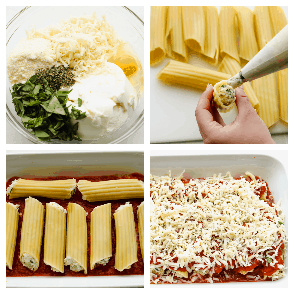 This manicotti is filled with 3 kinds of cheese and baked to absolute perfection! It's comfort food at its finest that everyone will go crazy over! It's definitely sure to please a large crowd! 4 pictures showing steps to mixing and stuffing pasta.