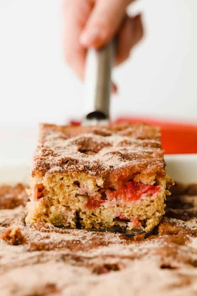 Cinnamon sugar rhubarb cake is a real crowd pleaser! The complementary ingredients of sweet and tart are incredible and are really going to knock your socks off! Rhubarb cake on a serving spoon.
