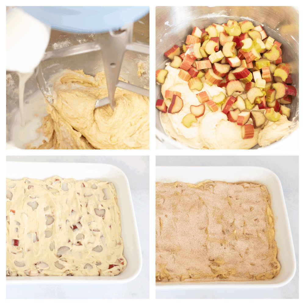 Cinnamon sugar rhubarb cake is a real crowd pleaser! The complementary ingredients of sweet and tart are incredible and are really going to knock your socks off! 4 images showing stepson how to mix and make cinnamon sugar rhubarb cake.