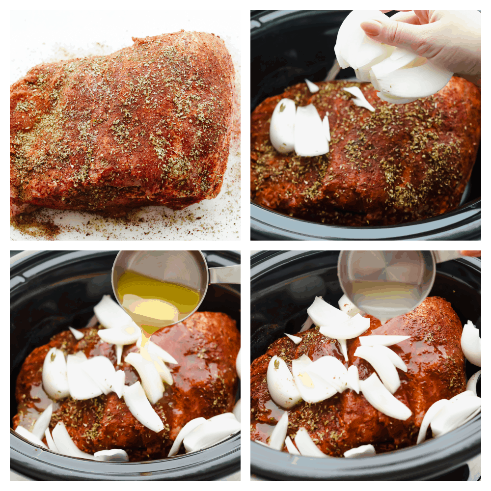 Slow cooker pork carnitas are an amazingly easy and delicious recipe that is full of flavor and cooks all day to tender and juicy perfection! This is definitely a carnitas recipe that you will make again and again! Four pictures of how to prepare pork with a rub in a slow cooker.
