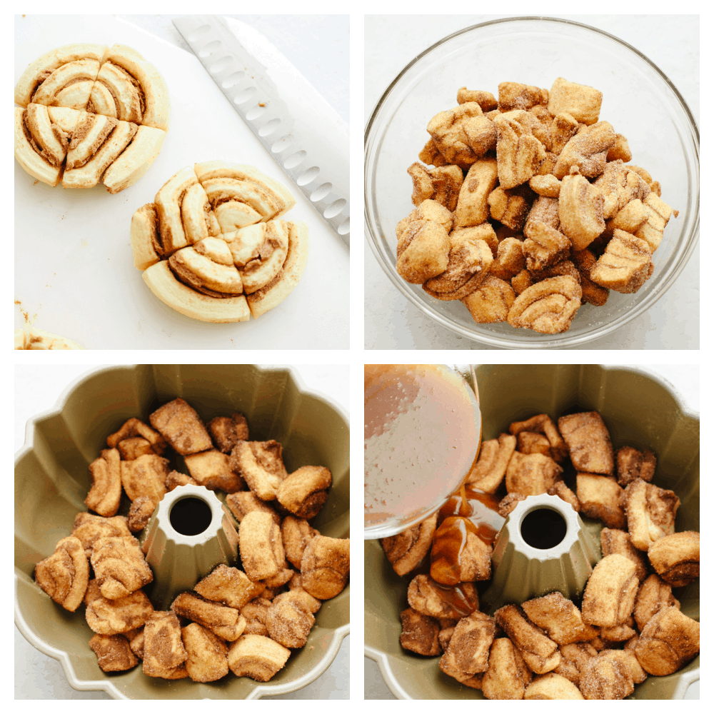 Cinnamon roll monkey bread is the easiest pull-apart dessert! It is amazingly soft, warm, and layered in decadent icing. Process shots of preparing rolls and cinnamon sugar glaze.