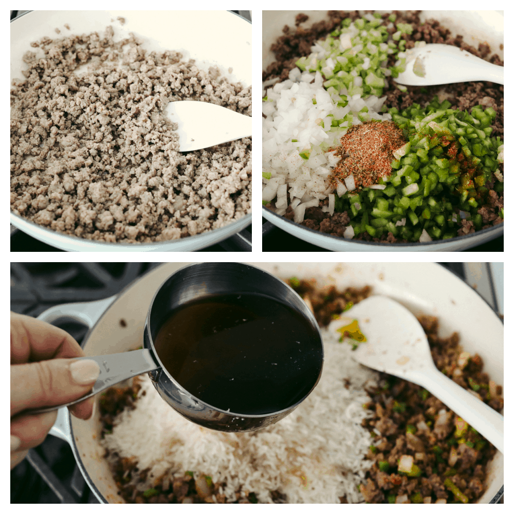 Dirty rice is packed with Cajun flavor and the texture is to die for! It has the most amazing blend of delicious spices, meats, and rice that will definitely be something that your family will go crazy for! 3 pictures showing the steps on how to make dirty rice.