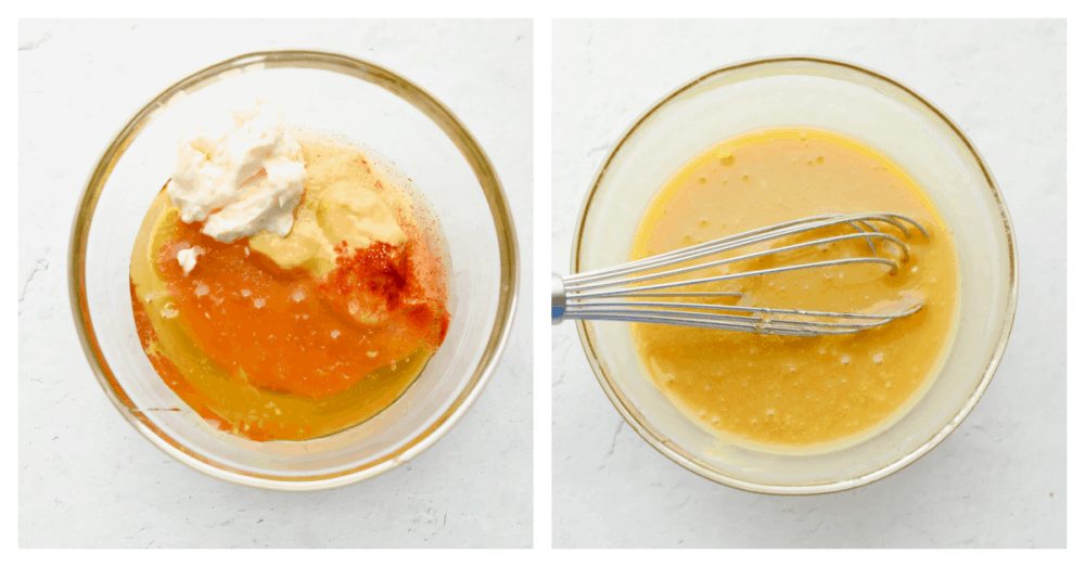Homemade honey mustard sauce is SOO good! It’s easy, sweet, and creamy and you will be able to use it on just about everything! 2 pictures showing ingredients being whisked in a bowl.