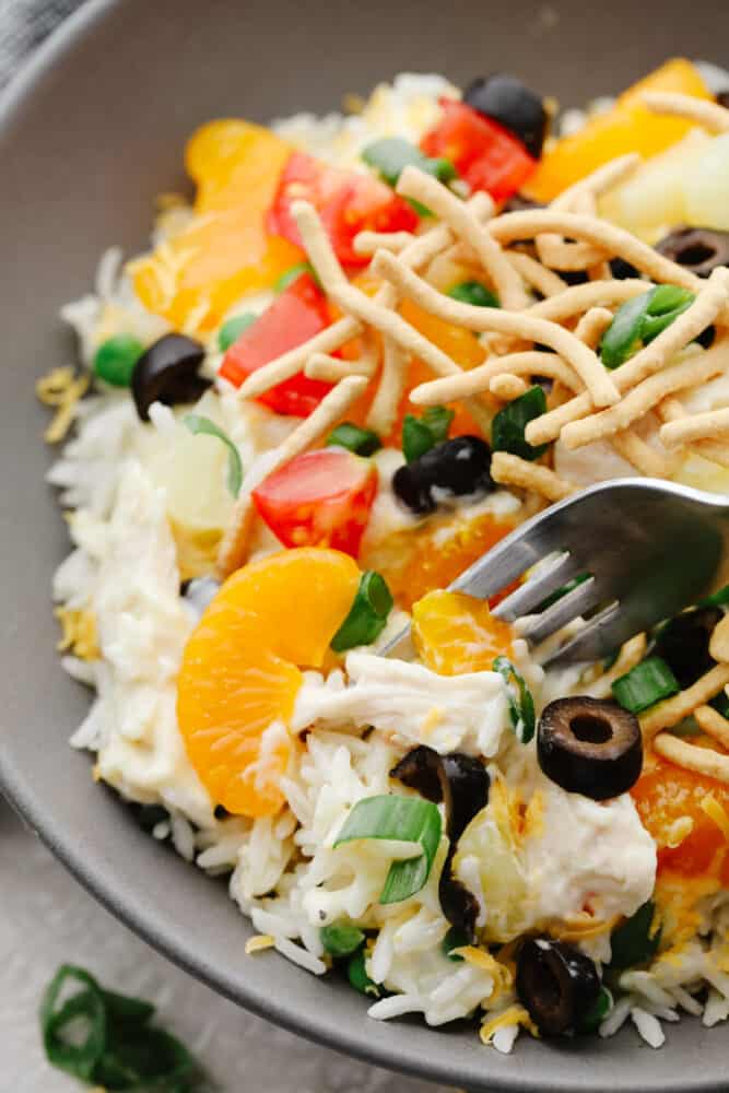 Hawaiian haystacks are the ultimate layered comfort food! Rice, shredded chicken, and hearty gravy combine with your favorite toppings in this easy dinner. A closeup of a Hawaiian haystack with olives, mandarin oranges, tomatoes, and chow mein noodles as toppings.