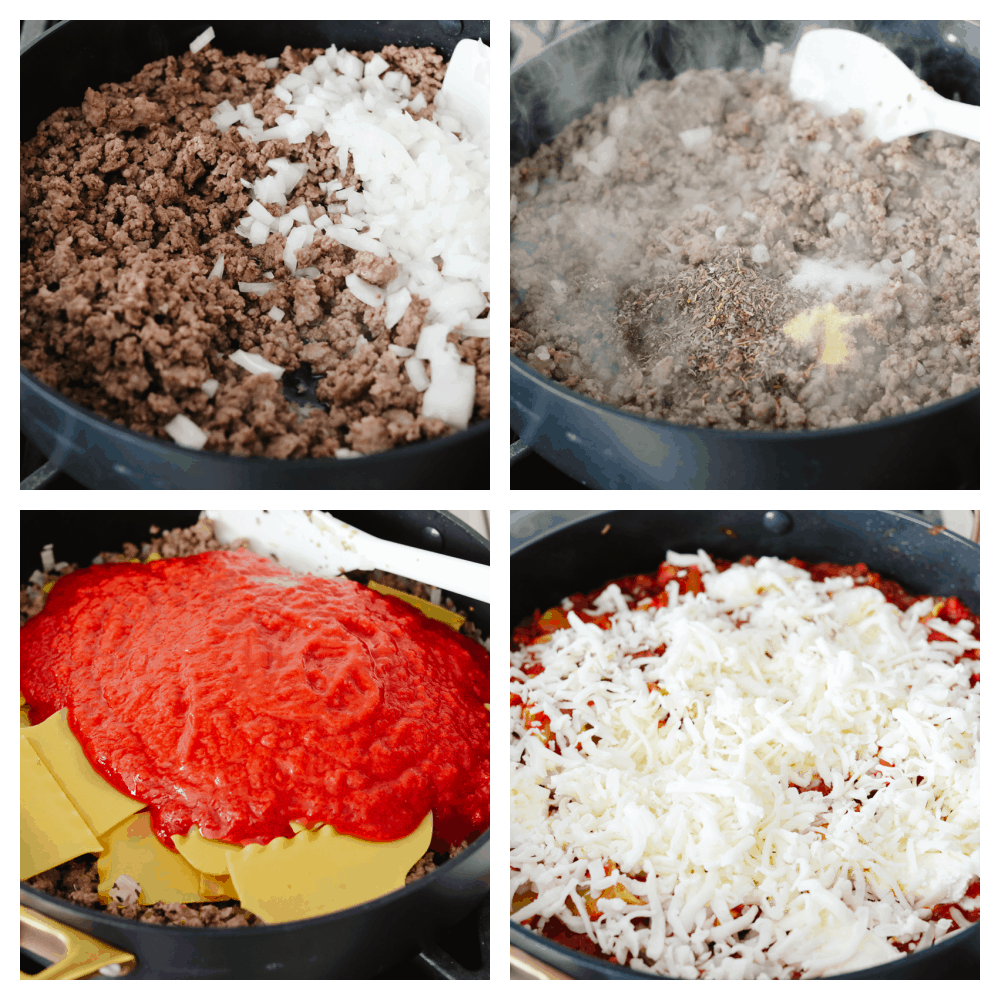 Skillet lasagna is the absolute best comfort food! It is so full of flavor that creates that authentic Italian taste. It is quick and easy and a family favorite that you MUST try! 4 pictures showing how to cook meat, onions, pasta and sauce in a skillet.