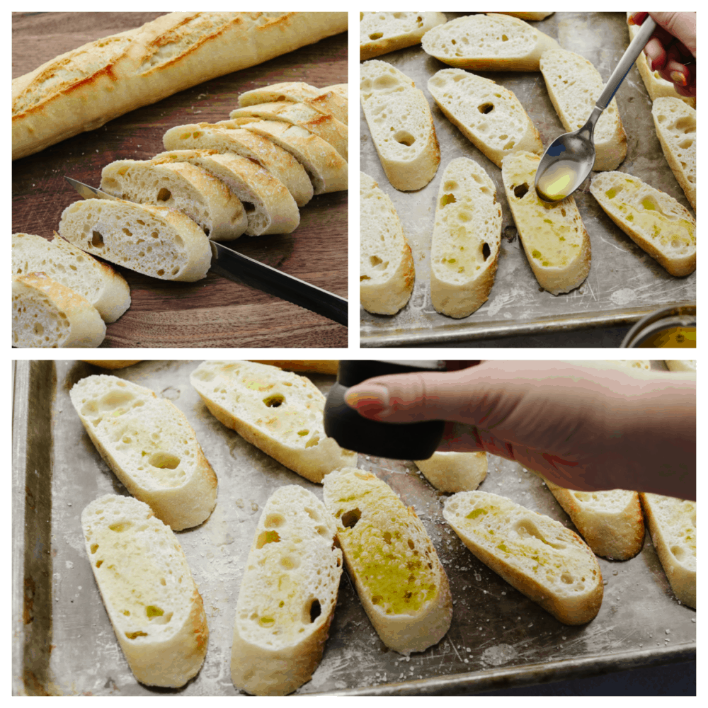 This easy, baked crostini is the best side to any Italian meal! They're golden, delicate pieces of heaven ready for your favorite toppings! Process shots of adding olive oil and salt to baguette pieces.