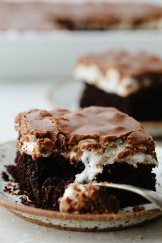 Mississippi mud cake is a delicious, ooey-gooey cake that is perfectly moist. It is absolutely amazing! And let me warn you now... you won't be able to stop after just one piece! Mississippi mud cake being cut into with a fork.